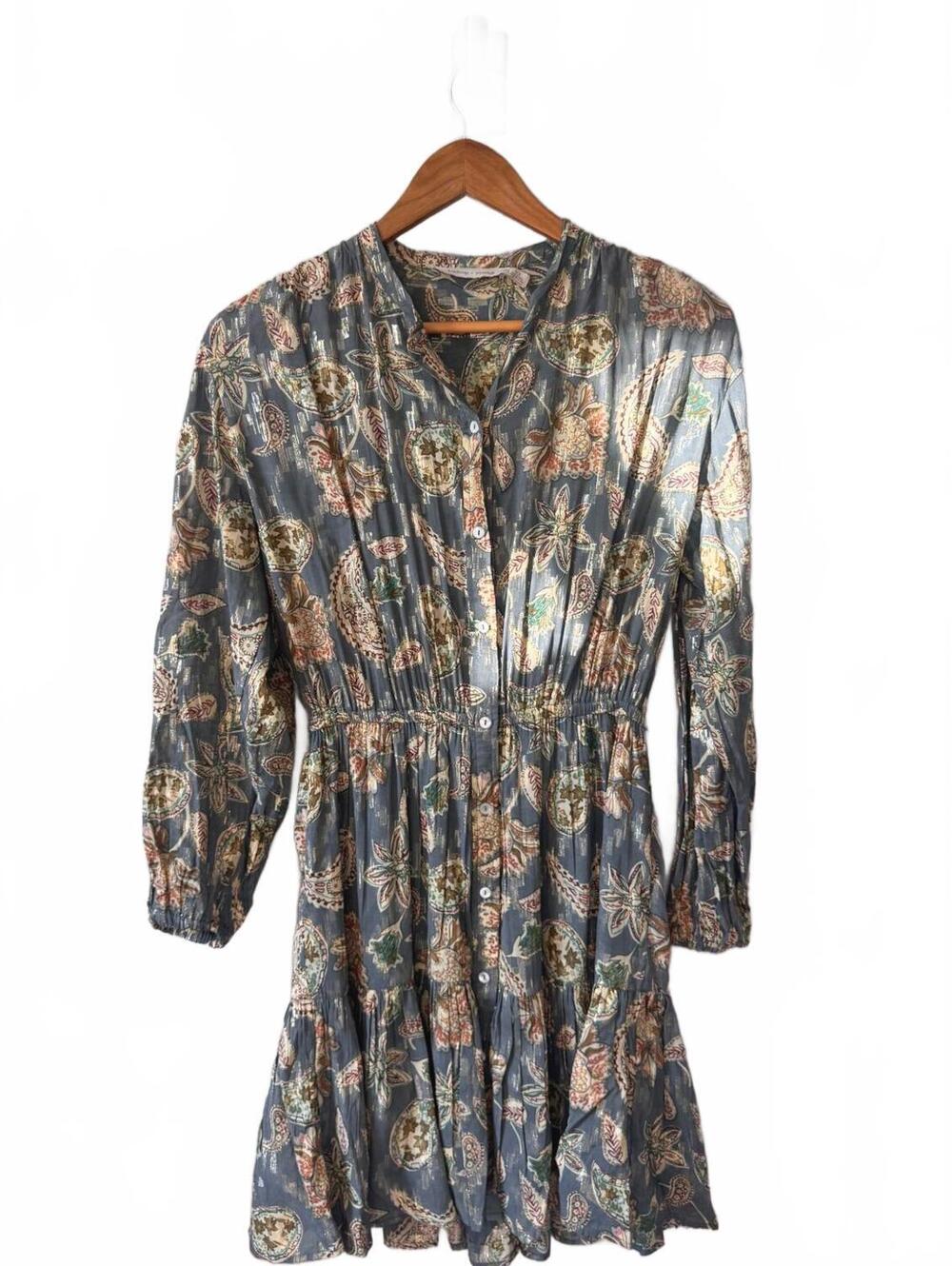 BISHOP + YOUNG | Paisley Metallic Dress | Slate Blue Boho | XS Anthropologie